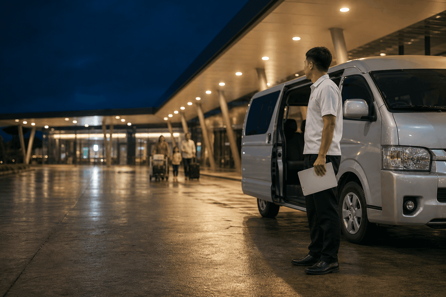 A driver waiting beside a private van at Clark International Airport at night