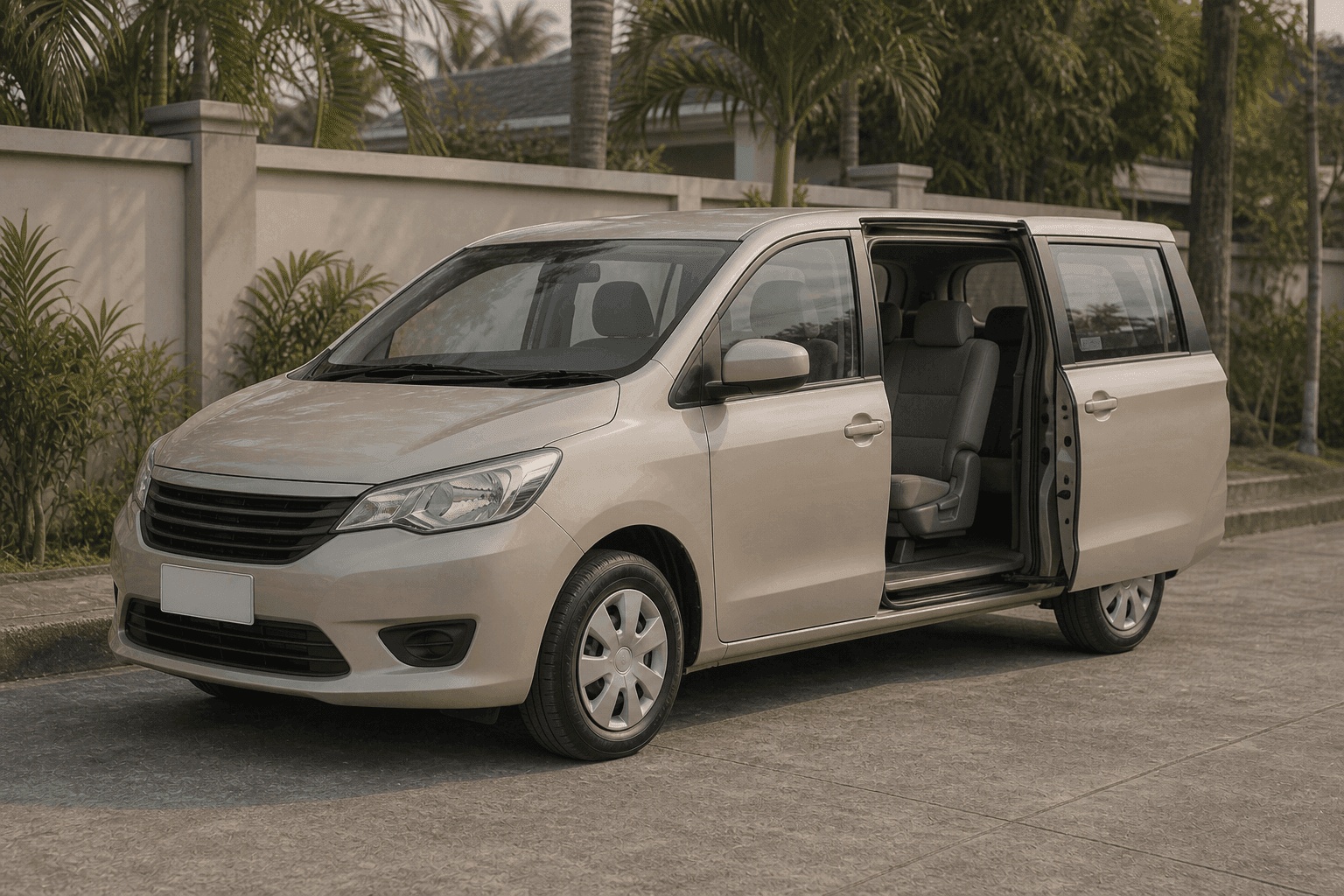 A seven-seat MPV with its sliding door open outside a Pampanga home