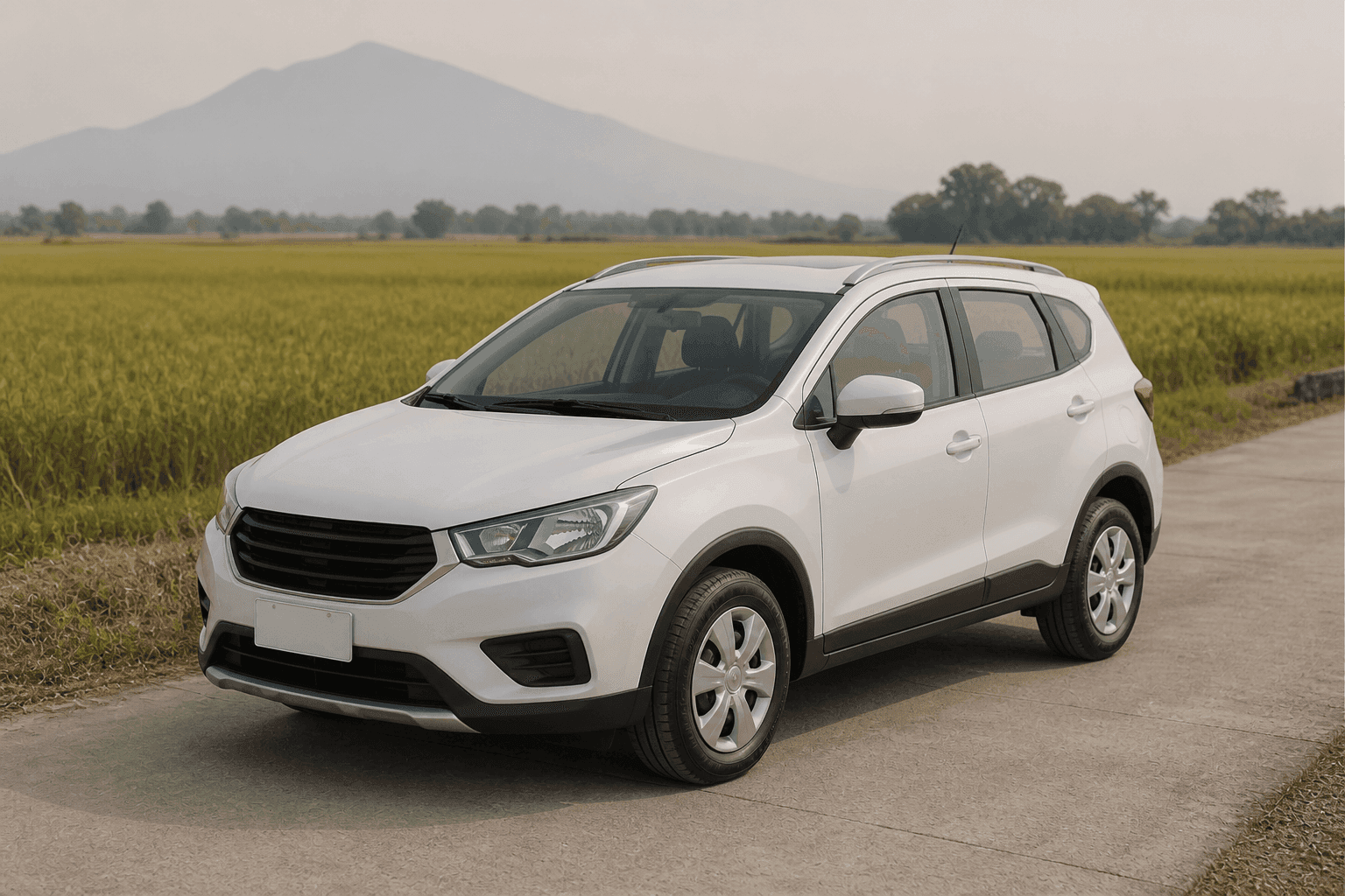 A compact SUV on a rural road under Mt. Arayat in Pampanga