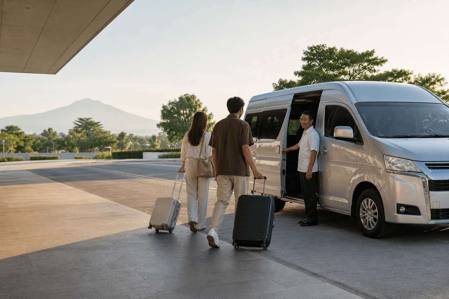 Travellers arriving with luggage at a private passenger van in Pampanga